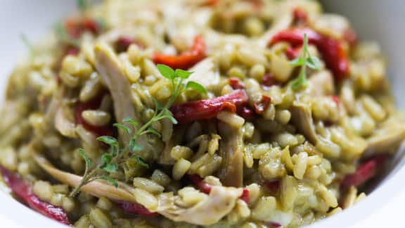 Risotto à la purée de rapinis et au poulet