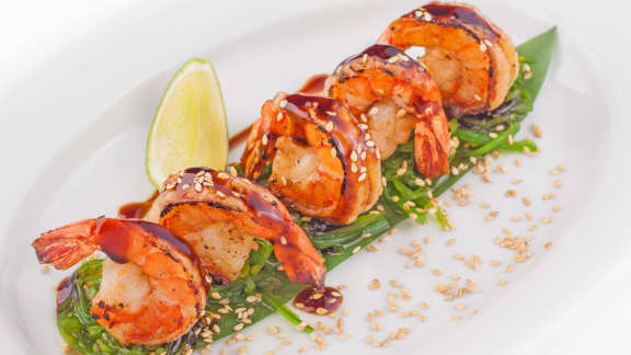 crevettes au miel et sésame