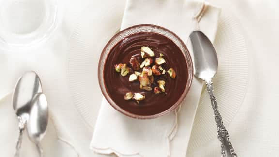 pot de crème choco-café avec nougatine aux pistaches