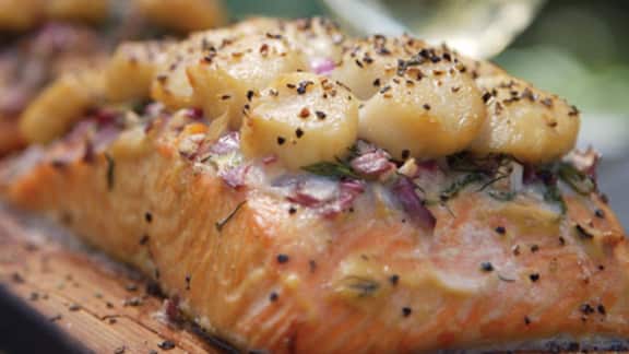 saumon cuit sur planche de cèdre et garni de pétoncles