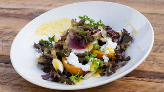 Salade de fenouil, aubergines blanches et pêches façon niçoise