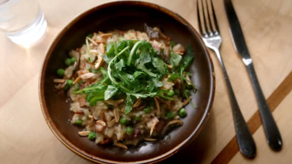 Risotto pleurotes, pancetta et huile de truffe