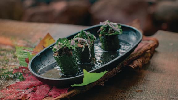 Courgette farcie aux lentilles et duxelles de champignons séchés