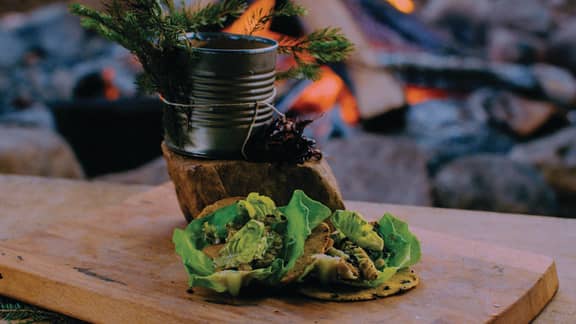 Tortillas de maïs et fourmis acidulées, garnies de purée de carottes à la verveine et au gingembre sauvage, et de chenilles sphinx légèrement rôties