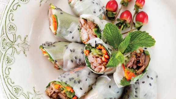 Vendredi : Rouleaux de confit de canard, chutney à la mangue