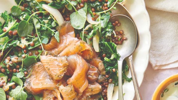 Salade tiède de lentilles, gravlax de saumon à la crème aigre