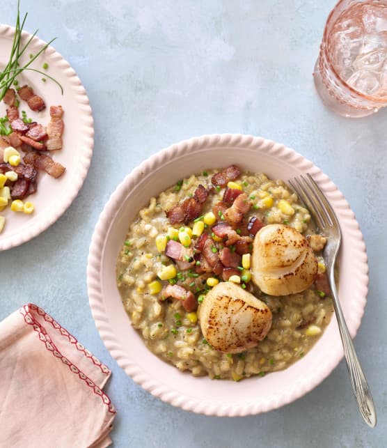 Risotto au maïs, bacon et pétoncles