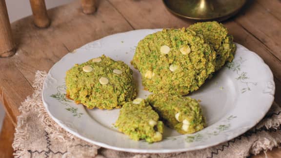 Galettes vertes aux petits pois et au chocolat blanc