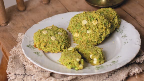 Galettes vertes aux petits pois et au chocolat blanc