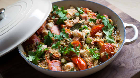 Jambalaya au jambon et saucisse chorizo