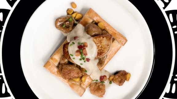 Vol-au-vent, ris et rognons de veau, foie gras, topinambours