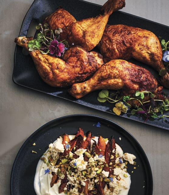 Cuisses de poulet, carottes, pistaches et feta