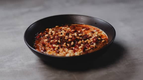 Velouté de lentilles, brunoise de chorizo et crème de chèvre