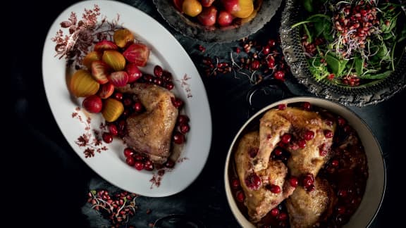 Cuisses de poulet, sauce aux canneberges, xéres, miel et cardamome