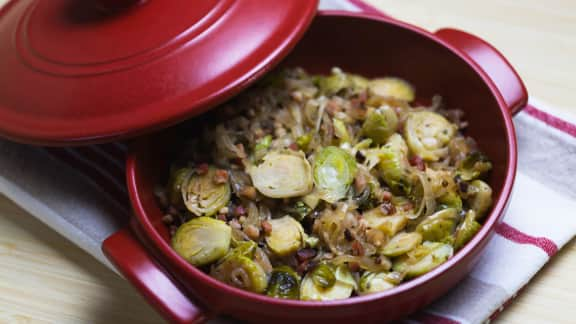 Choux de Bruxelles braisés au vin blanc, à la pancetta et au thym