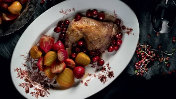 Cuisses de poulet, sauce aux canneberges, xéres, miel et cardamome