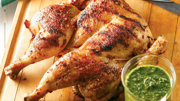 Poulet en crapaudine, sauce chimichurri