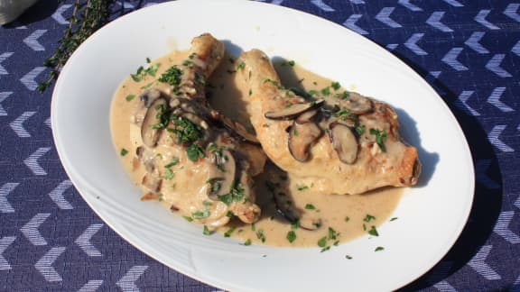 One pot de cuisses de poulet à la crème, champignons et vin blanc