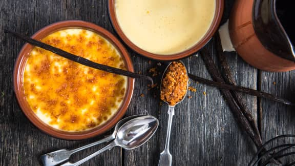 Crème brûlée aux éclats de nougat et ses madeleines