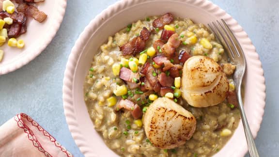 Vendredi : Risotto au maïs, bacon et pétoncles