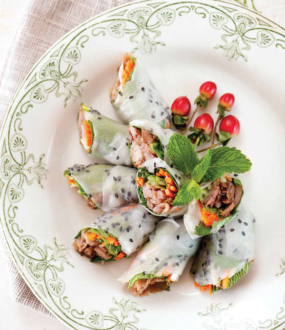 Rouleaux de confit de canard, chutney à la mangue