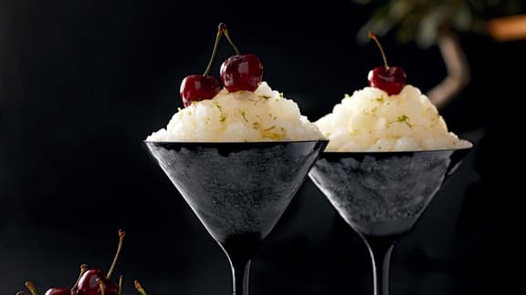 Granité lime, gingembre, cerises et saké