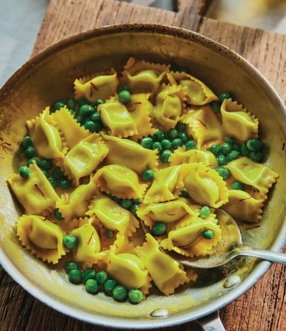 Agnolotti, petits pois, sauce safran