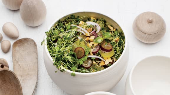 Salade de pousses de roquette, de raisins deux couleurs et d'herbes