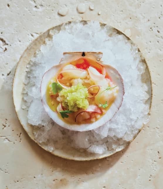 Crudo de pétoncles, rhubarbe, granité de livèche