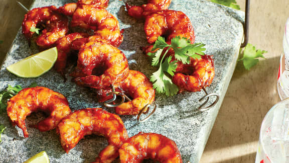 Dimanche midi : Brochettes de crevettes, salsa de pêches