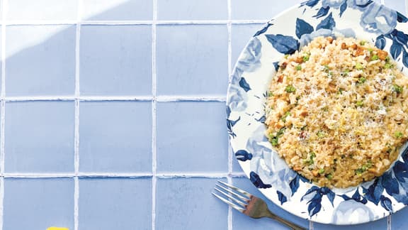 Risotto aux petits pois, au parmesan et au tofu fumé