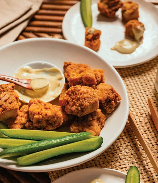 Tofu karaage croustillant à la japonaise, mayo au miso et au wasabi