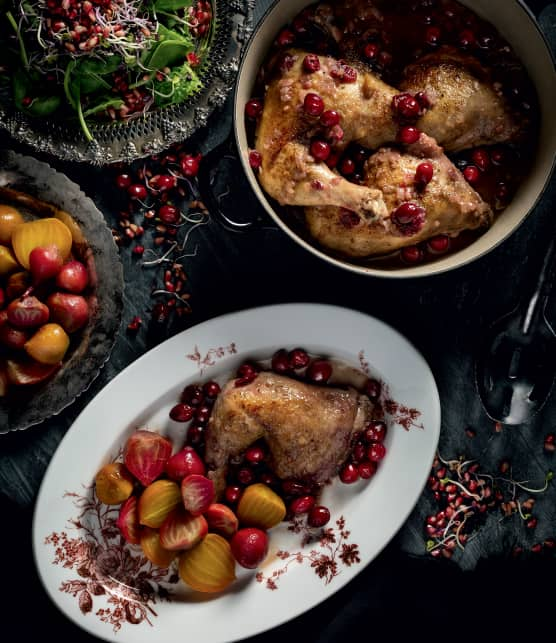 Cuisses de poulet, sauce aux canneberges, xéres, miel et cardamome