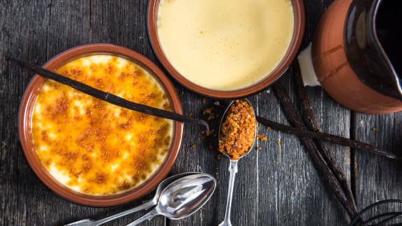 Crème brûlée aux éclats de nougat et ses madeleines