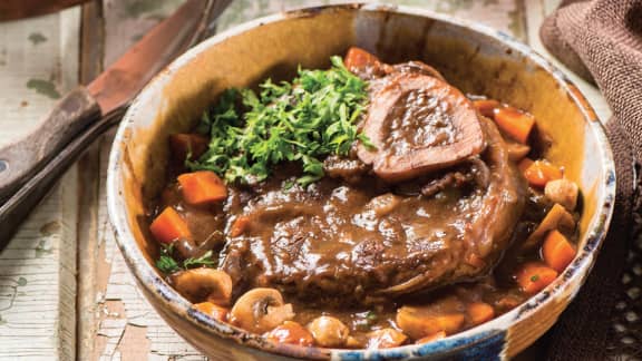 Osso buco d’orignal à la bourguignonne