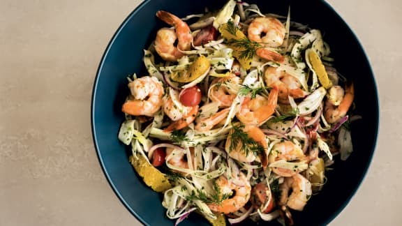 Salade de fenouil aux crevettes, orange et tomates cerises