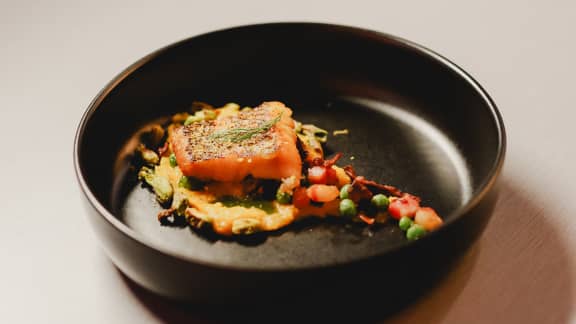 Bar noir, purée de courge et sauce aux champignons