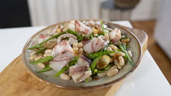 Haricots variés, vinaigrette aux cipollinis, gianciale et prosciutto