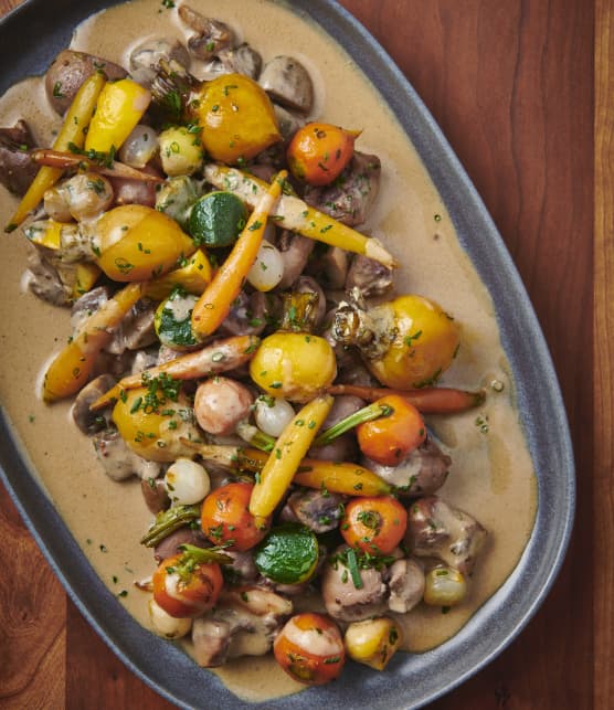 Rognons de veau à la moutarde, mini légumes glacés