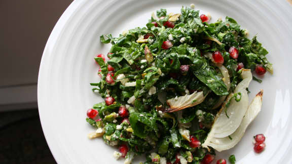 Salade de fenouils braisés, ricotta de macadam à la sauge et poires