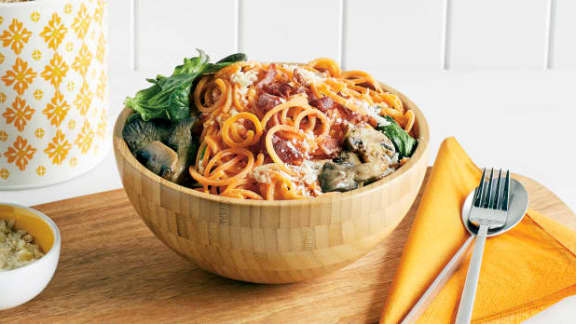 Carbonara de patates douces aux champignons et épinards