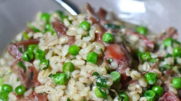 Risotto d'orge au canard confit