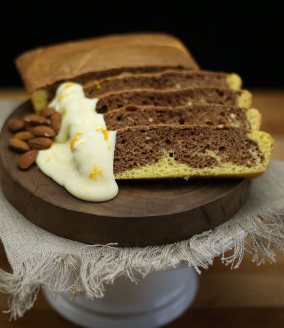 Gâteau marbré, ganache au chocolat blanc