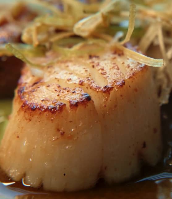 Pétoncles poêlées et champignons crinières de lion braisés au jus de veau avec poireaux fondants, frits et marinés