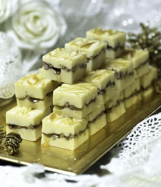 Fudge au chocolat blanc, caramel & noix de pécan