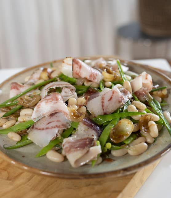 Haricots variés, vinaigrette aux cipollinis, gianciale et prosciutto