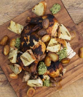 poulet à la portugaise, grelots au gras de canard et salsa verde