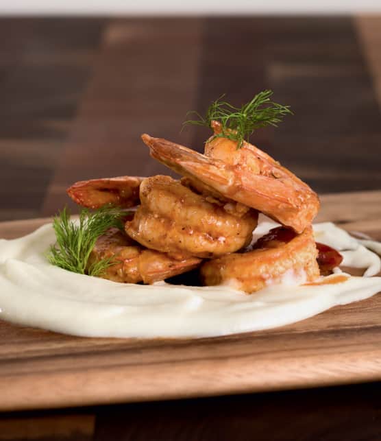 purée de fenouil et crevettes géantes grillées
