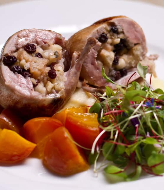 cailles aux pommes, aux raisins et au bourbon