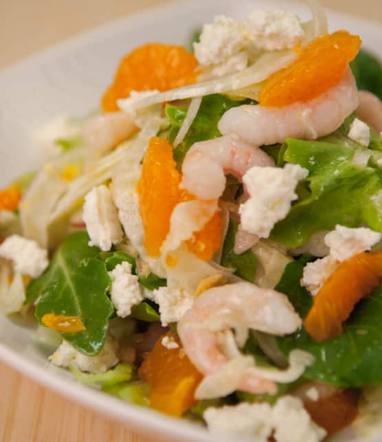 vinaigrette aux clémentines sur salade de crevettes